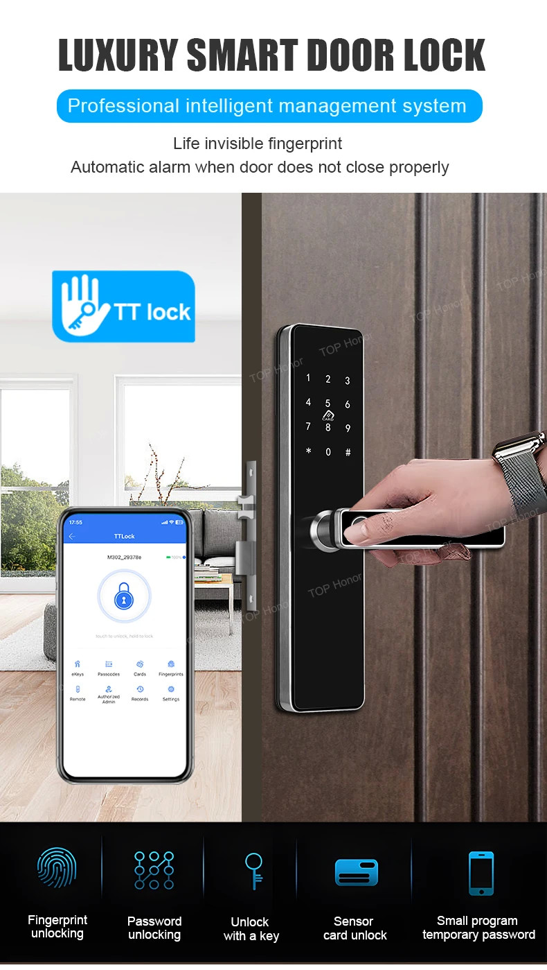 TH521 Aluminium Alloy Apartment Smart Door Lock TTLock Biometric Code Card Key Unlock