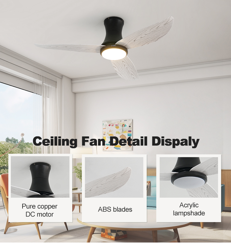 42 Inch/OEM 3 Color Dimmable Ceiling Fan with Plastic Wood Grain Design and Low Ceiling