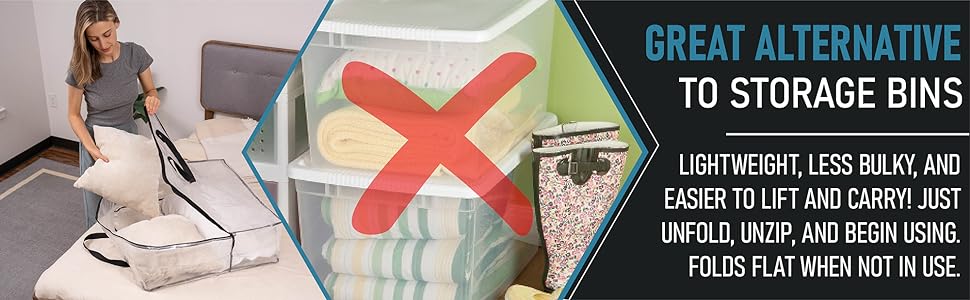 Great alternative to storage bins. Woman putting pillows in extra-large clear storage and moving bag