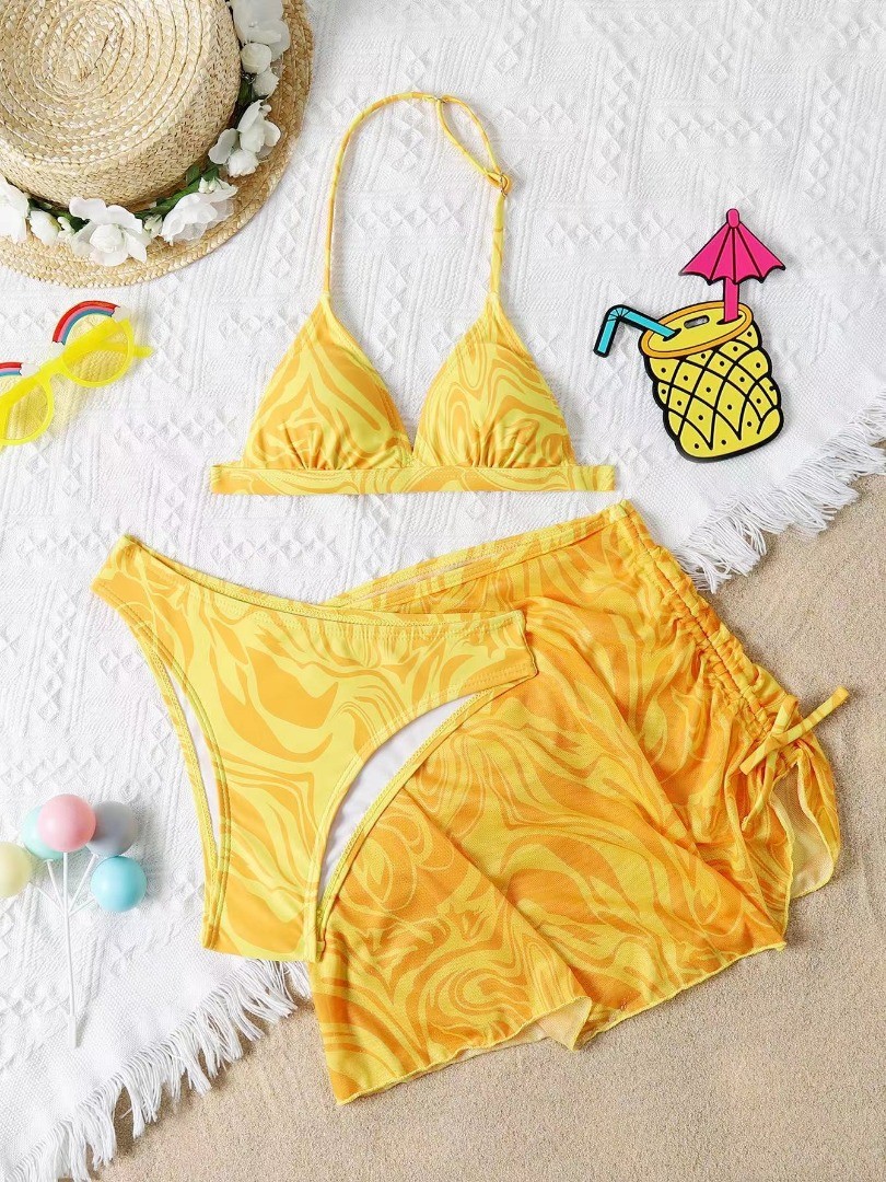 Slim Bikini Three Piece Swimwear Tether Pleated Skirt Three Piece Bathing Suit