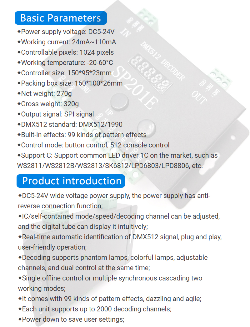 Addressable 5 Channel DMX Decoder SP201E DMX512 SPI Signal With Button Control