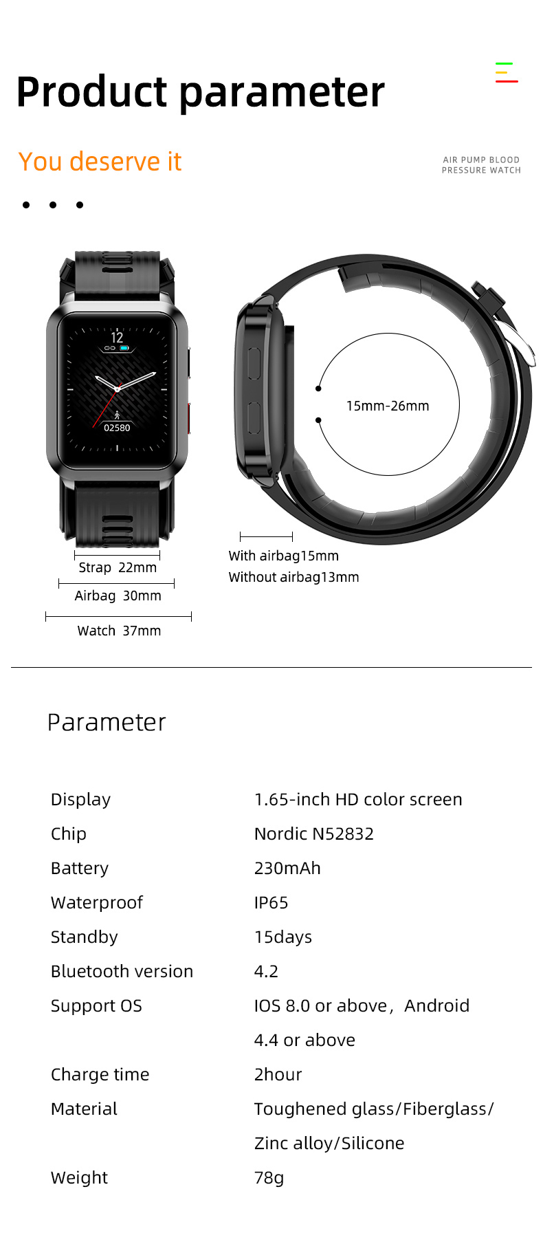 Body Temperature Blood Oxygen Smartwatch Medical Device IP67 with big screen