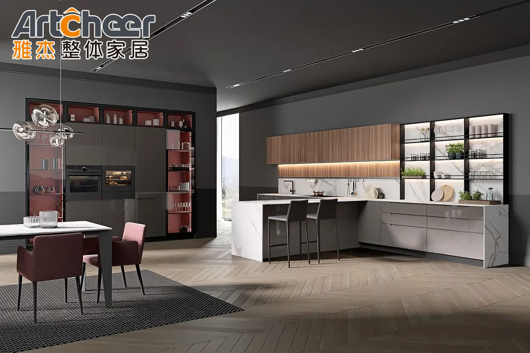 Modern Kitchen Furniture Gray Melamine L Shaped Cabinet Set with Pantry Cupboard