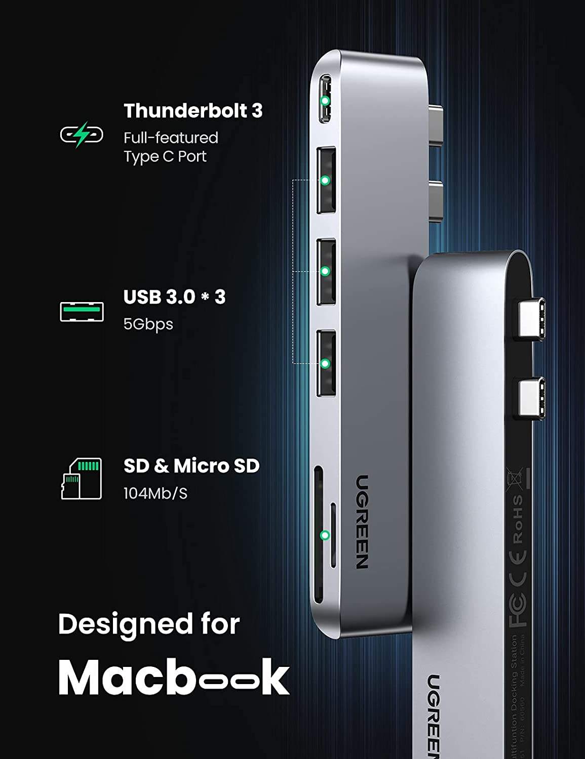 USB C Adapter for MacBook Thunderbolt 3 Hub with 3 USB 3.0 100W USB C Power Delivery Micro SD SD Card Reader