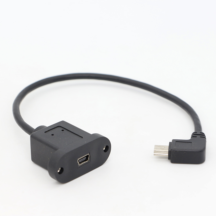 Screw Locking 90 Degree Right Angle Male to Female Mini USB Panel Mount Extension Cable