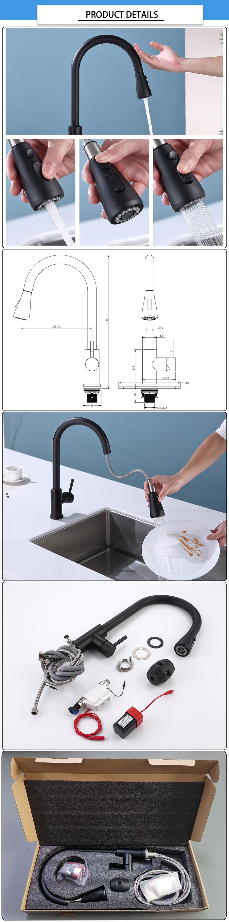 Wanhai Cartridge Black SUS304 35mm Touch Sensor Kitchen Faucet
