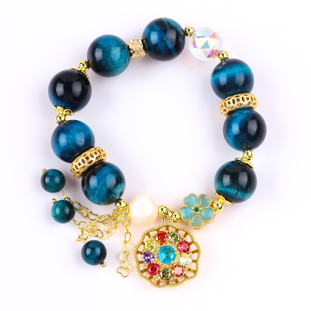 14MM Energy Healing Crystal Blue Tiger Eye Flower Spinner Charm Bead Bracelet For Daily Wear