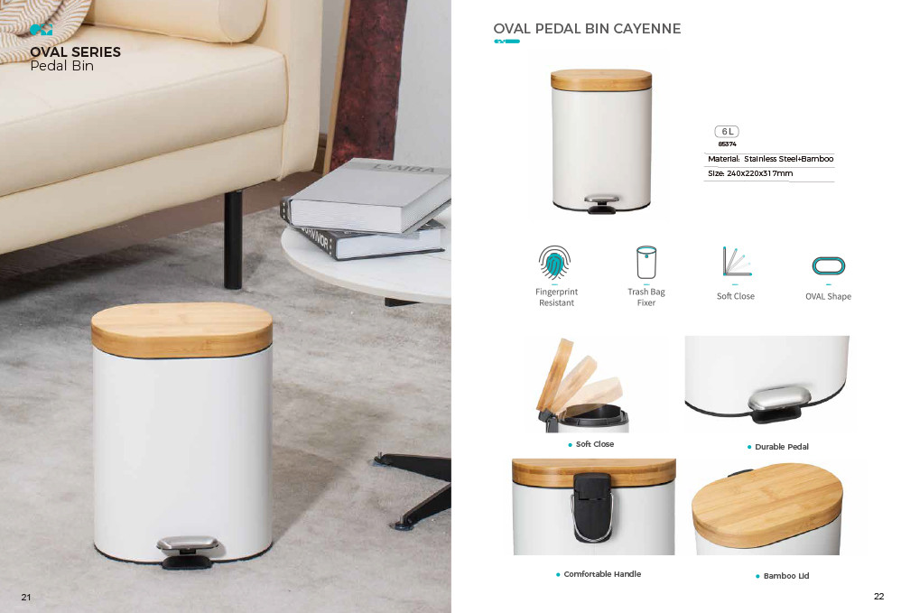 Home 6L Bamboo Lid Foot Pedal Trash Can Oval Shape Rolling Cover Type