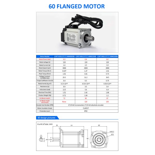 Lichuan AC Servo Motor Drivers Kit A5 LC10L 750W 0.75KW 2.39N.m 220V 4.5A 3000RPM IP65