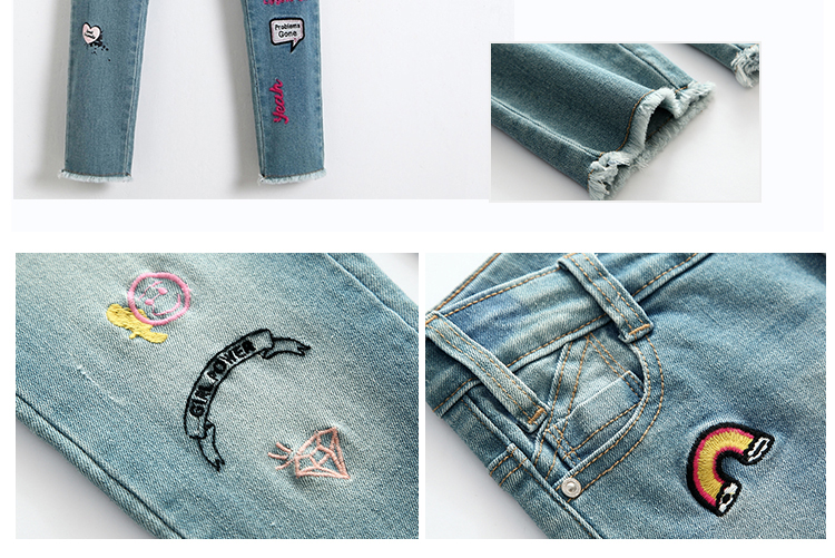 Stretch Girls Denim Clothes Jean Trousers With Custom Color Printed Embroidered Patch