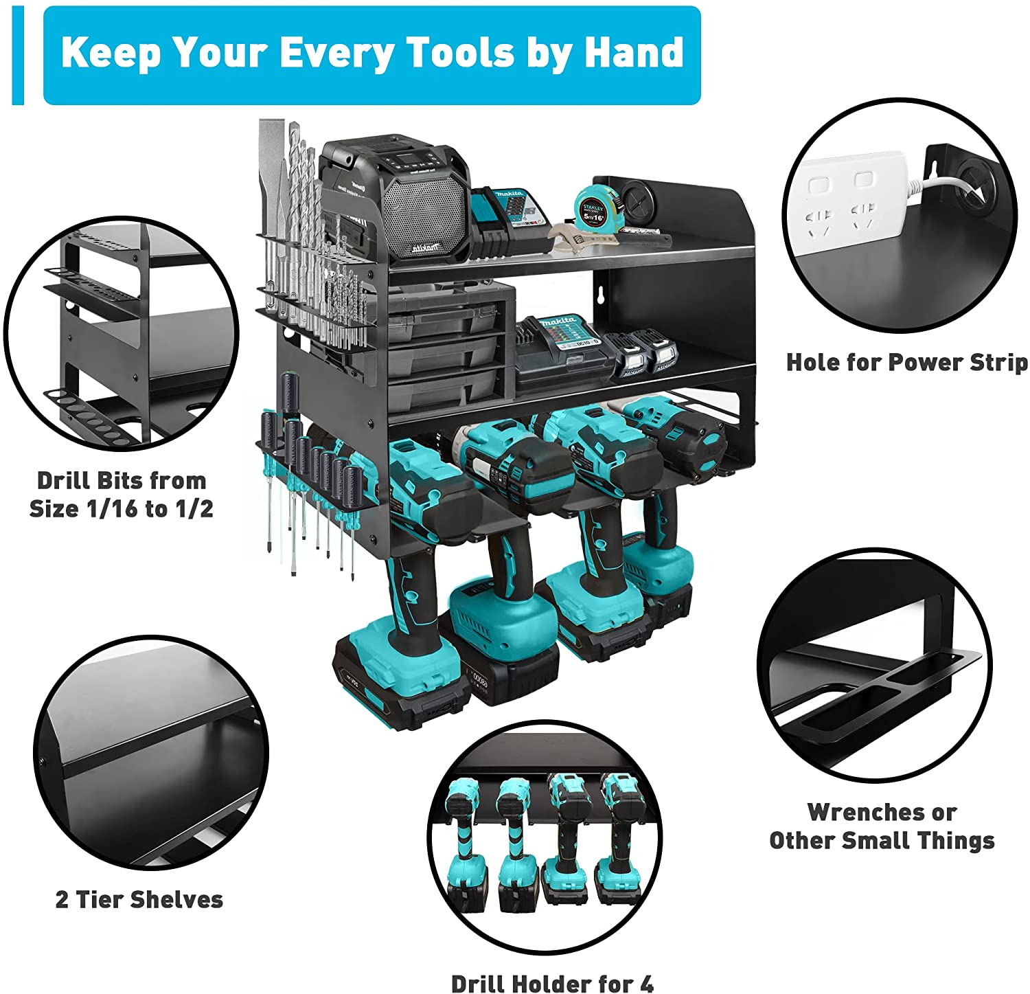 Garage Cordless Power Tool Pegboard Hook Organizer with 2 Shelf Cordless Drill Storage
