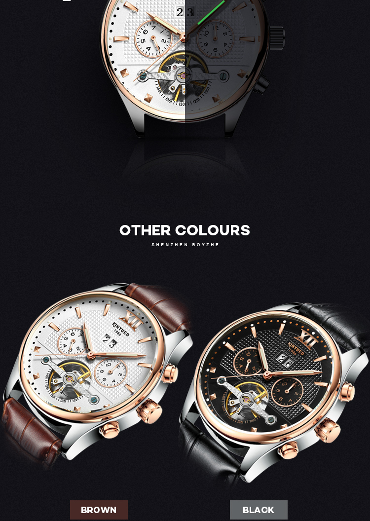 KINYUED Fashion Tourbillon Automatic Movement Mens Automatic Mechanical Watch Genuine Leather Wristwatch