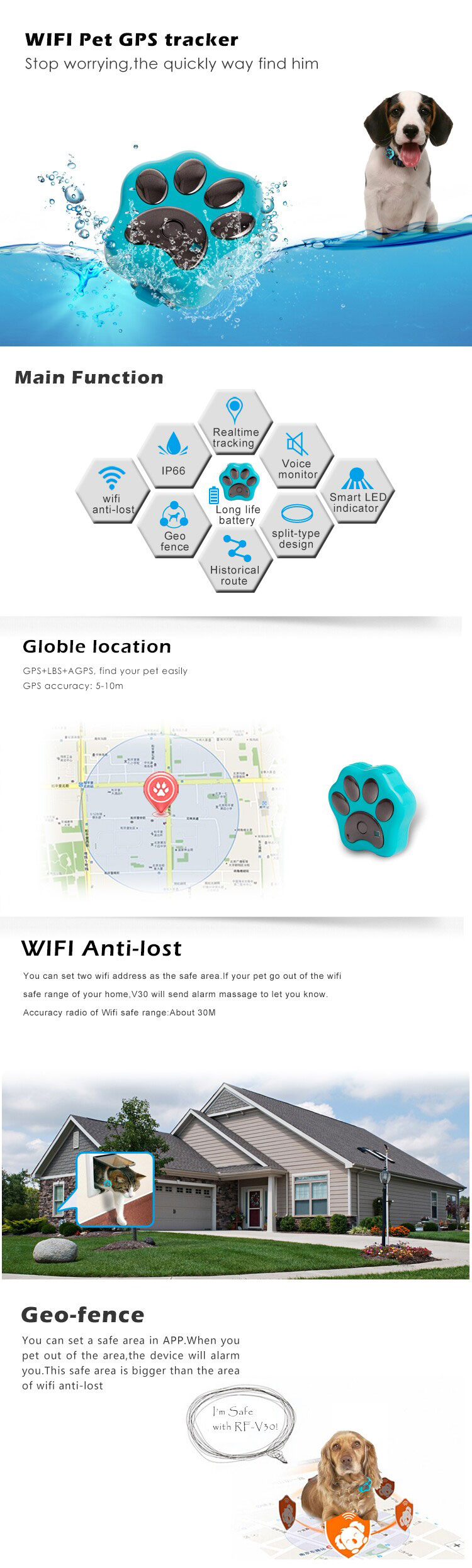 world's smallest waterproof gps pet tracker for dog/cat with long life battery RF-V30