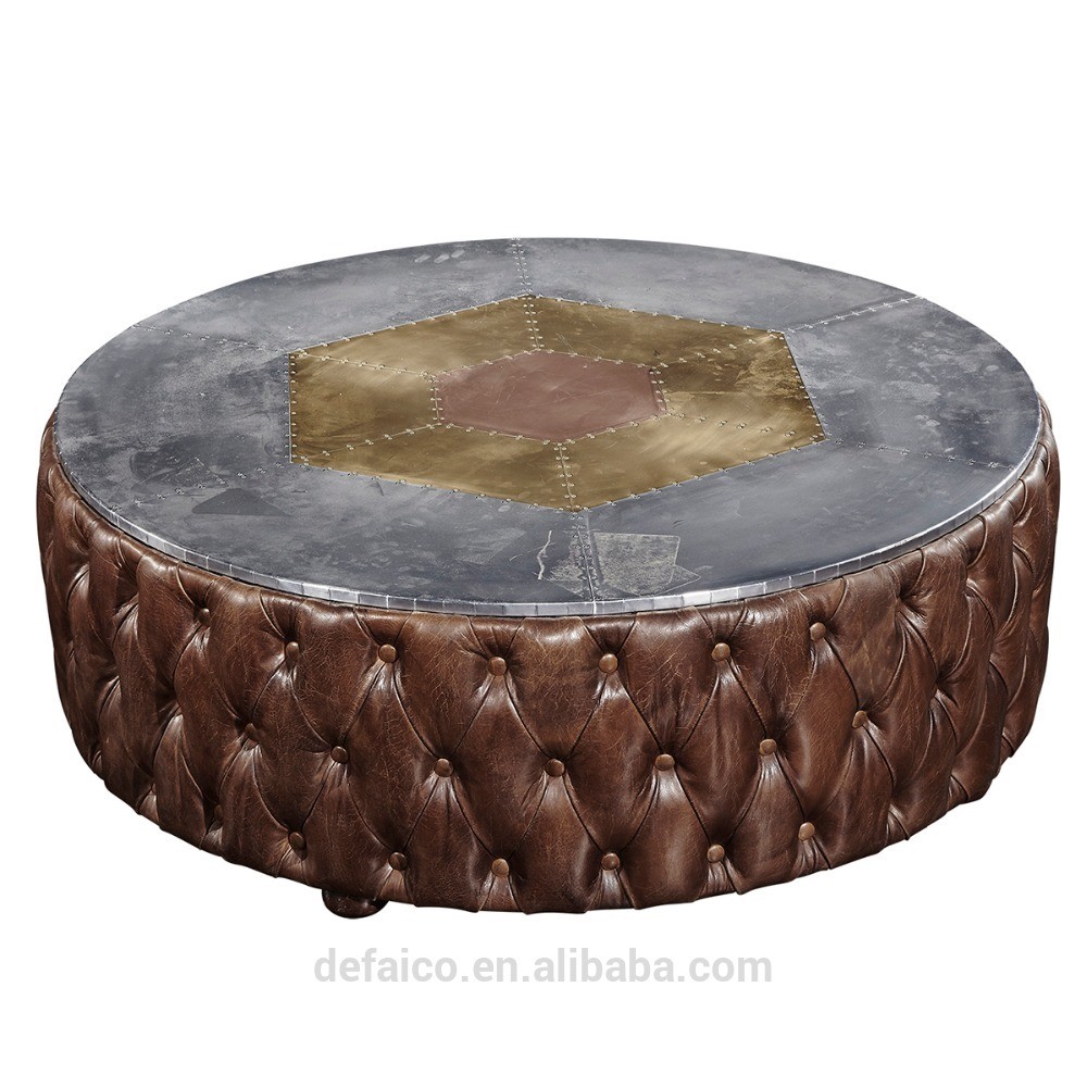 SGS ISO Genuine Leather Round Tufted Coffee Table with Aluminum top