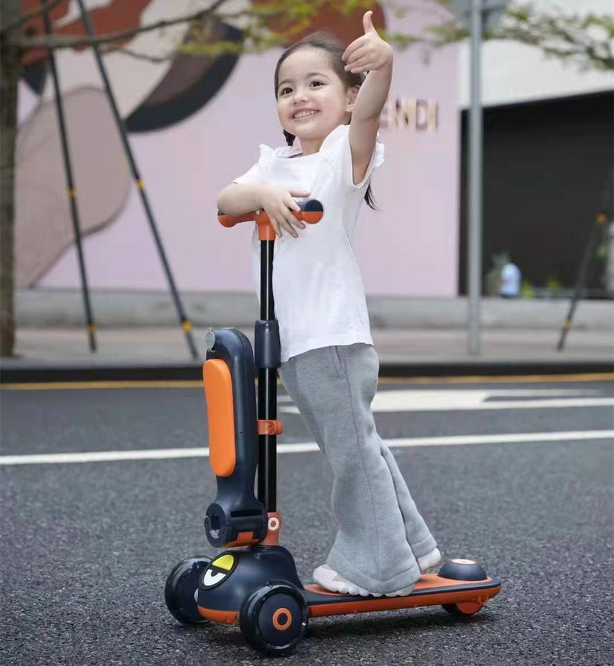 One-Button Folding Soft Leather Seat 3 Wheel Ride On Scooter Car for Kids and Durable