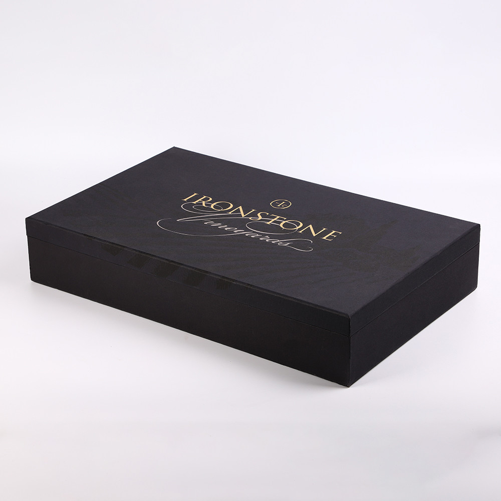 Tailered Rigid Black Paper With Texture 6 Bottle Wine Packaging Box With Cardboard Insert