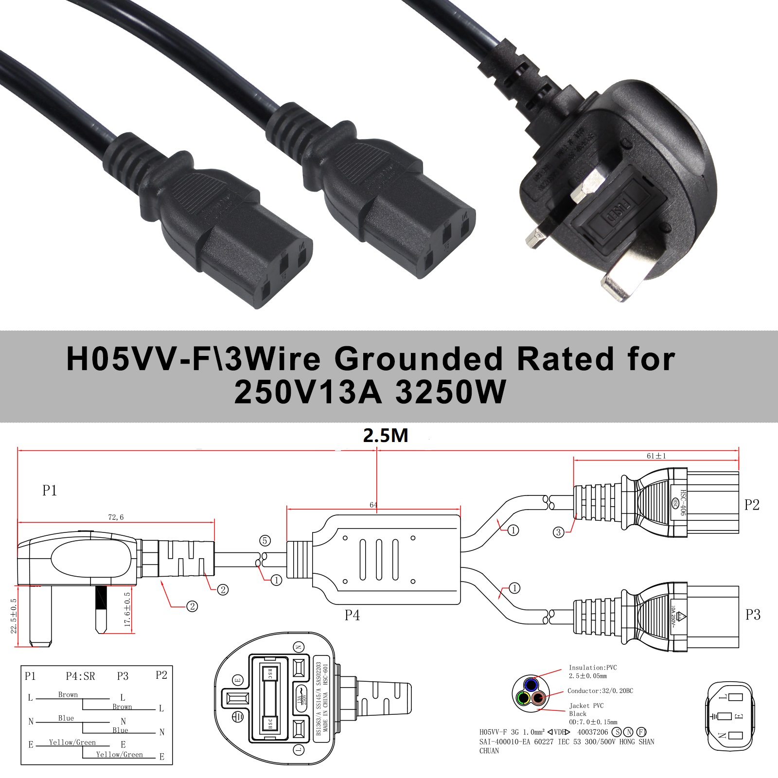 UK Adapter C13 Y Splitter Iec Plug Cable End for Outdoor Extension Lead 1 to 2 Power Strip