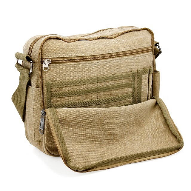 Multi Pocket Heavy Duty Canvas Messenger Bag Simple Fabric 15 Inch