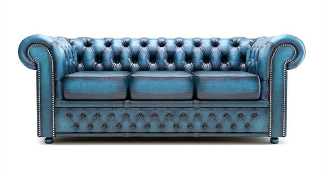 Blue Vintage Leather Chesterfield 3 Seater Sofa Set Low Back Style
