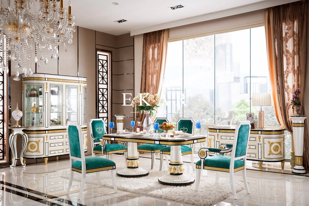 Carving a big table by hand wood luxury 8 seater dining table FLN-M-CT102