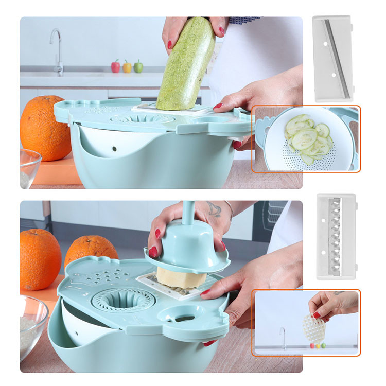 Portable Blue 4 Dicing Blades Vegetable Cutter With Drain Basket