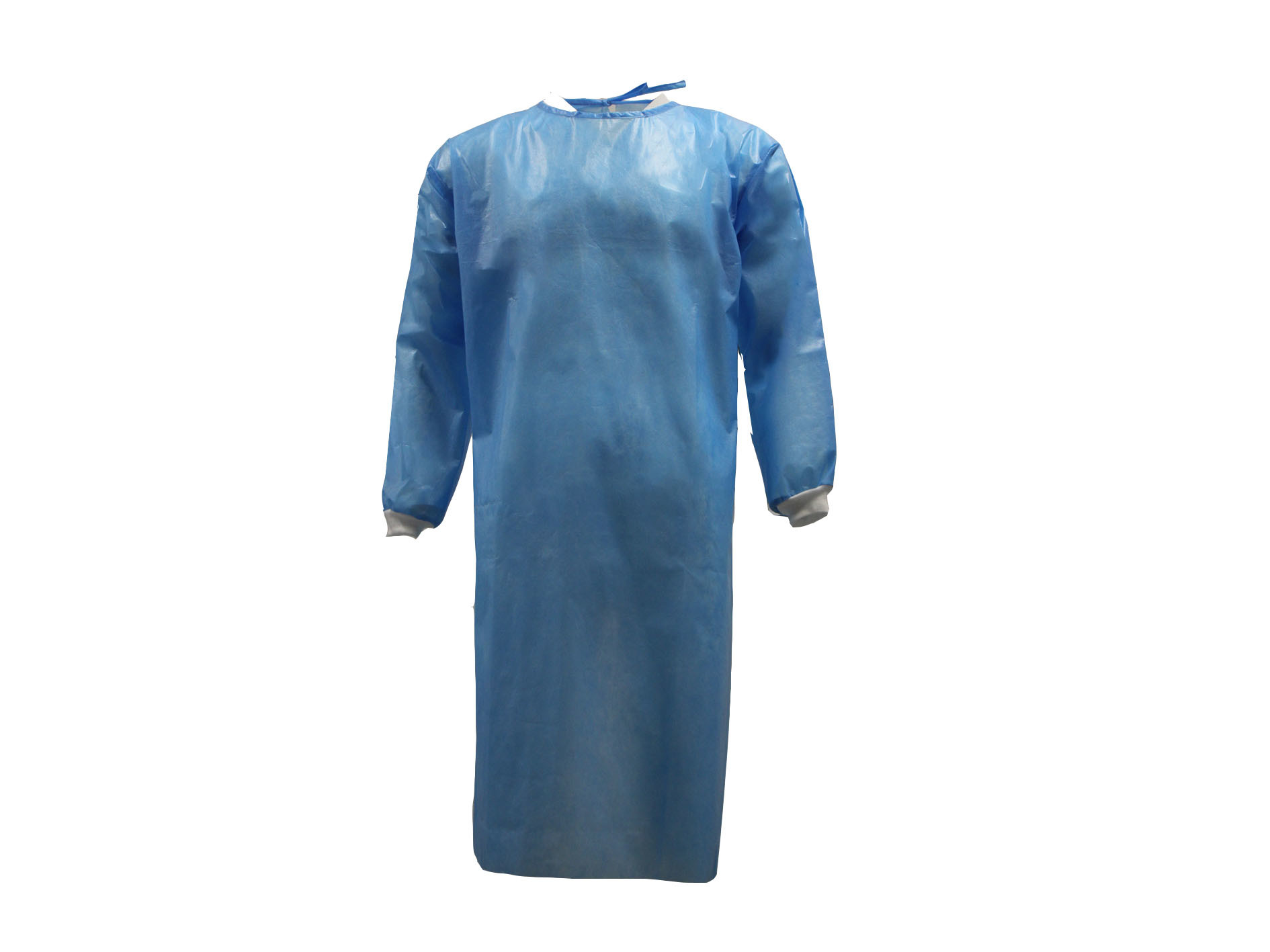Blue PP+PE 45GSM AAMI Level 2 Disposable Isolation Gown Back Opening With Rib-knitted Cuffs&Ties&Polyester Thread