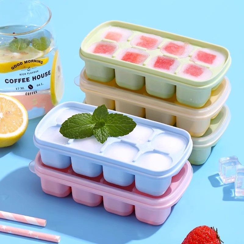 Ice Cube Tray With Lid And Bin, 4 Pack Silicone Plastic Ice Cubes Trays For Freezer With Box/Container, Stackable With Storage Iced Bucket Kits, Scoop