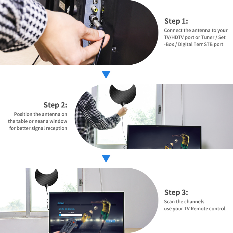 High Definition Black Indoor TV Antenna with VHF174-230 and UHF470-860 Frequency Range