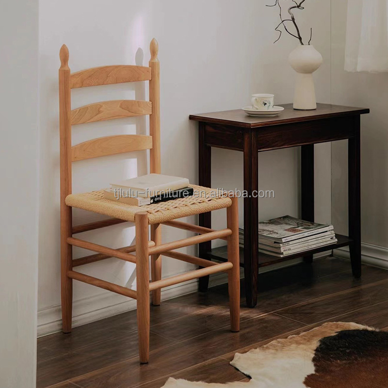 NO Folded Bent Backrest Dining Chair with Handmade Solid Wood and Rope Woven Cushion OEM Service Accepted