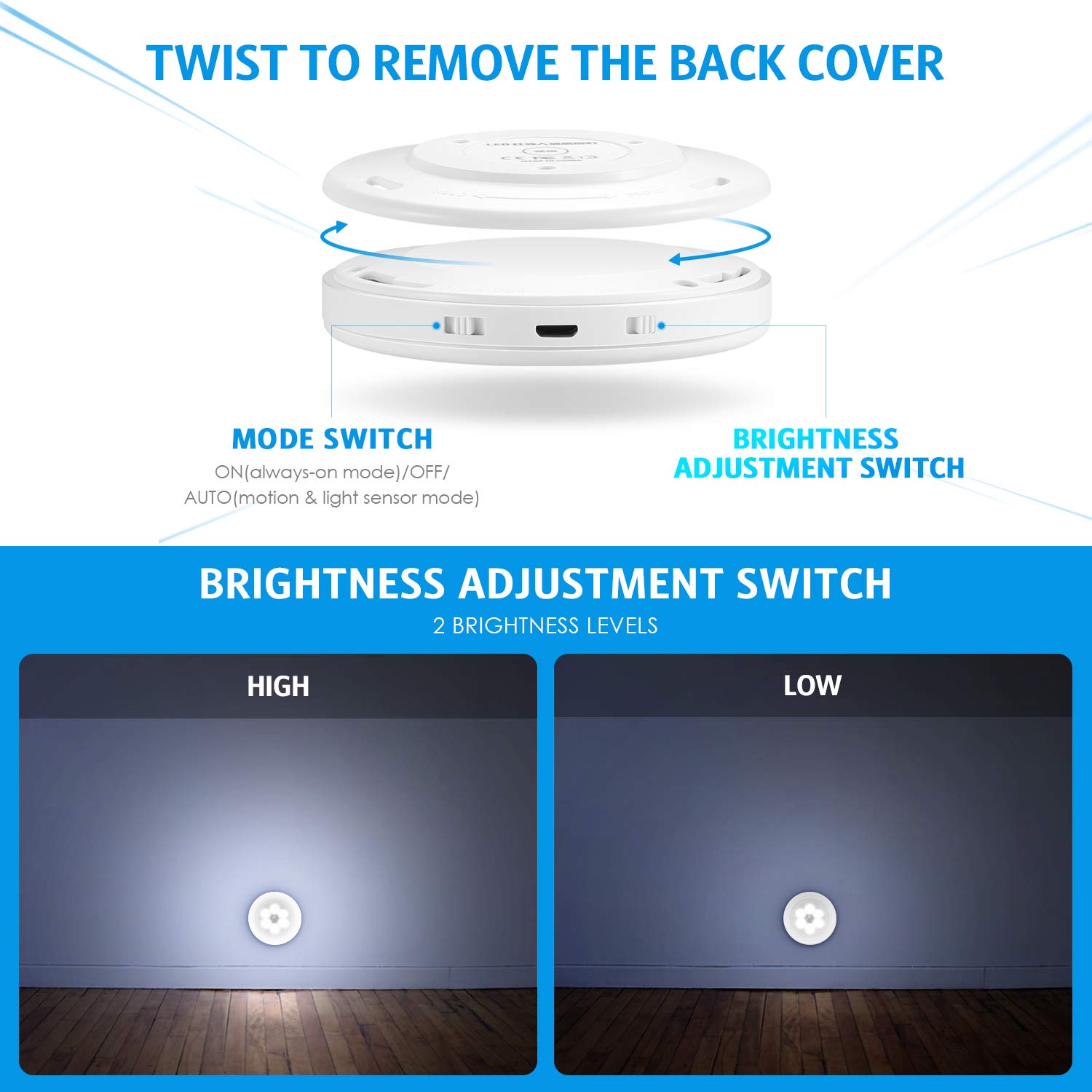 3 Modes 450mAH 6 Led Motion Sensor Closet Light / Rechargeable Led Wardrobe Lights