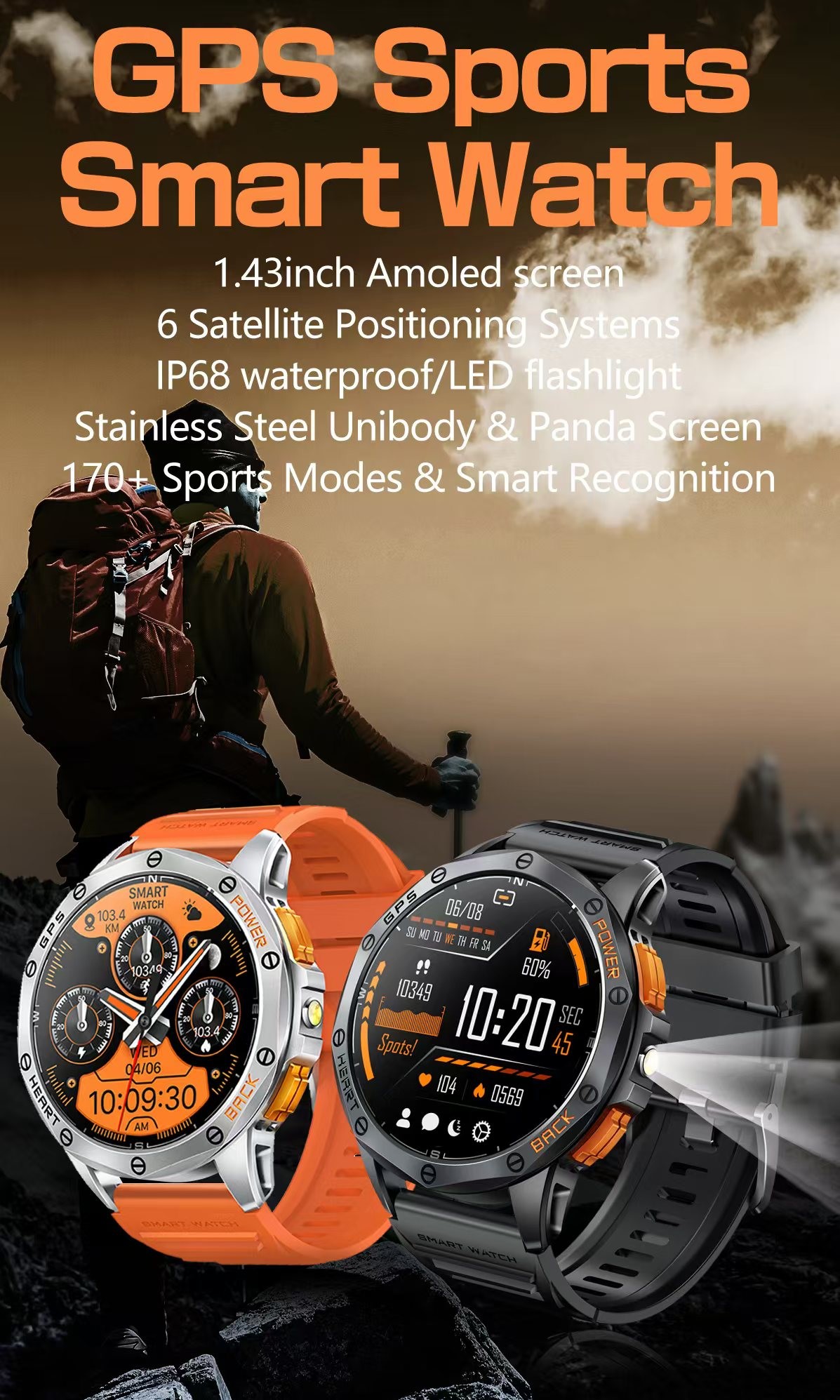K67 Sport Smart Watch With LED Flashlight IP68 Waterproof Barometric Compass Altimeter