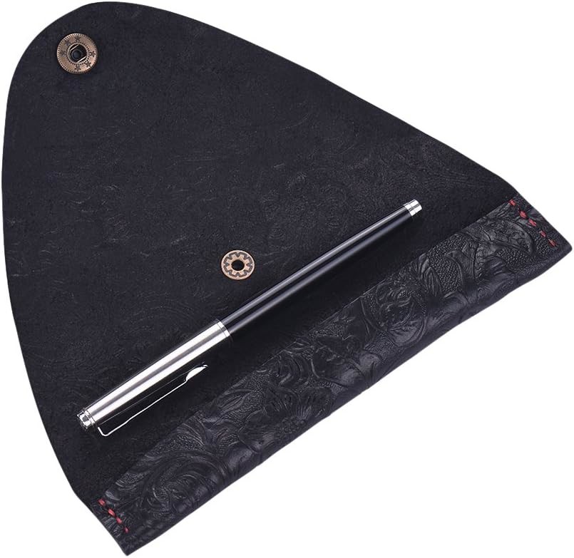Vintage Handmade Leather Single Pen Case Holder Cowhide Fountain Pen Sleeve Roll Wrap Pen Pouch (Black Carved)