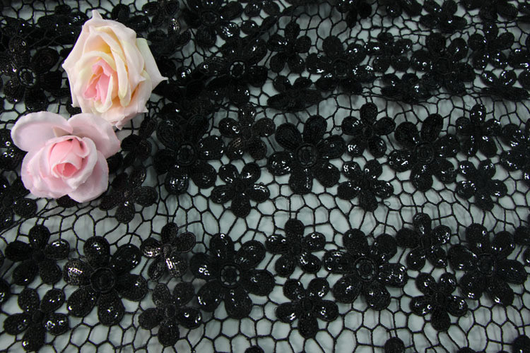 Chemical lace with Red/Pink /Orange Color + Embroidery 3 mm Sequin Lace Fabric