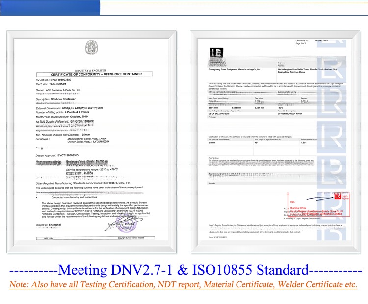 10ft DNV 2.7-1 Standard Frame Container Certified Offshore Tank Internal Dimensions l x W x H mm 7.6 to 8.2 cbm