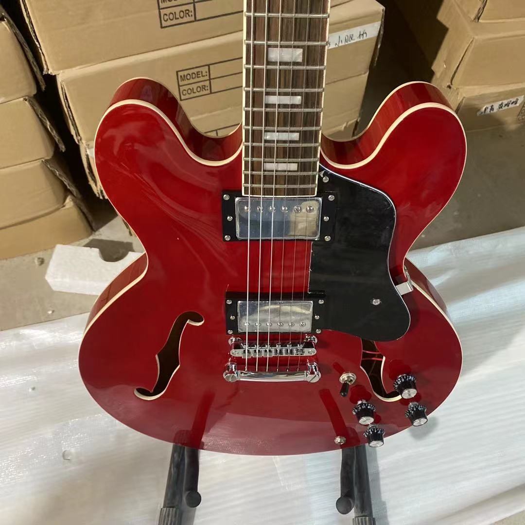 Custom ES 335 Style Semi Hollow Electric Guitar Jazz Model in Transparent Red Color