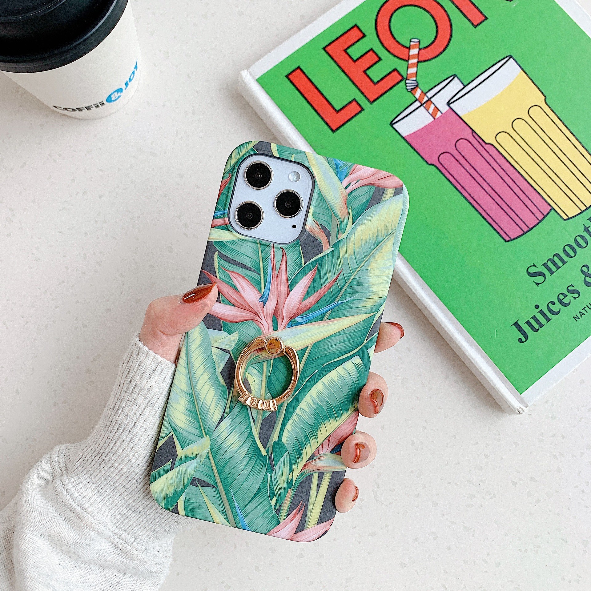 Anti Drop Finger Grip Phone Case IMD TPU Floral Pattern Ring Holder for Iphone 12