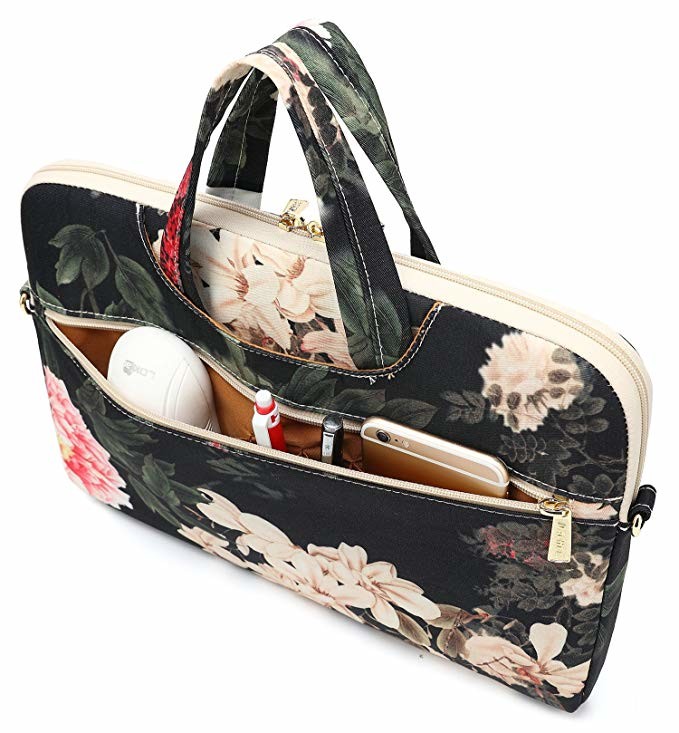 Black Peony Pattern Waterproof Laptop Case , 12 Inch 13 Inch Pc Carry Bag