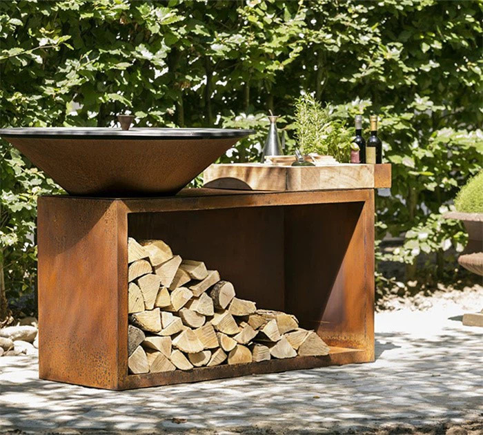 Outdoor Camping Corten Steel BBQ Grill Wood Fuel