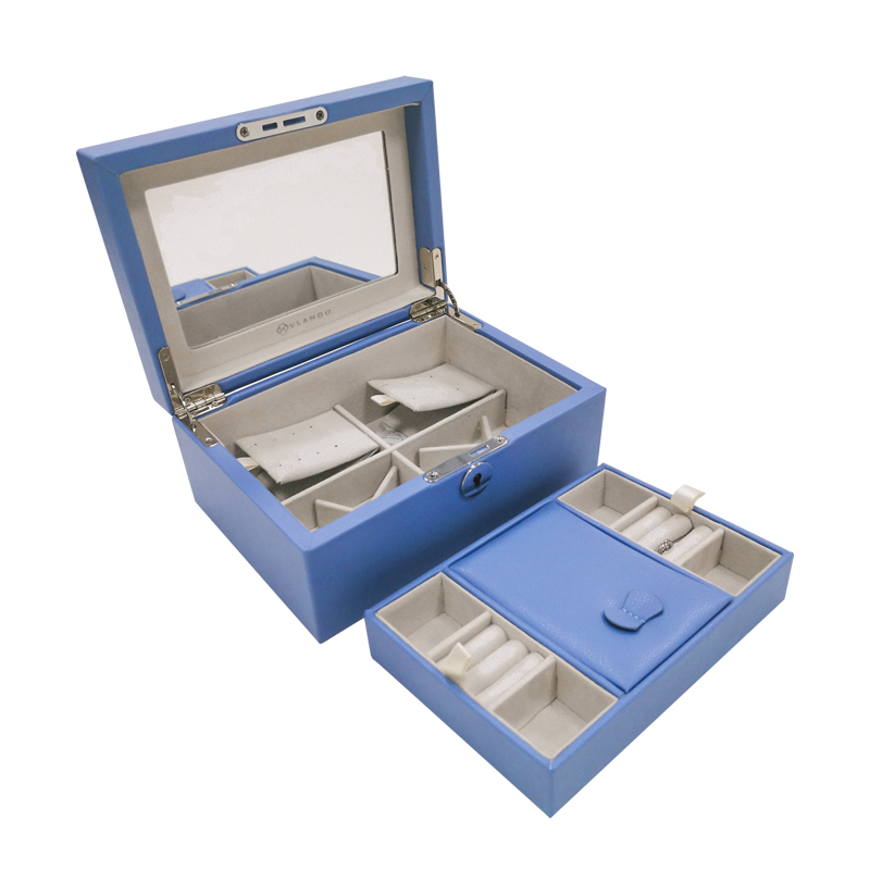 2Layer Leather Travel Jewelry Bracelet Organizer Lockable Jewellery Box Packaging With Mirror