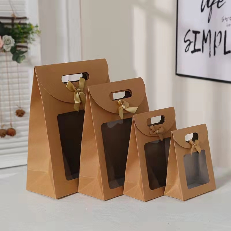wholesale custom recycled flat bottom small food paper bag shopping packaging bag brown kraft paper bag with clear window