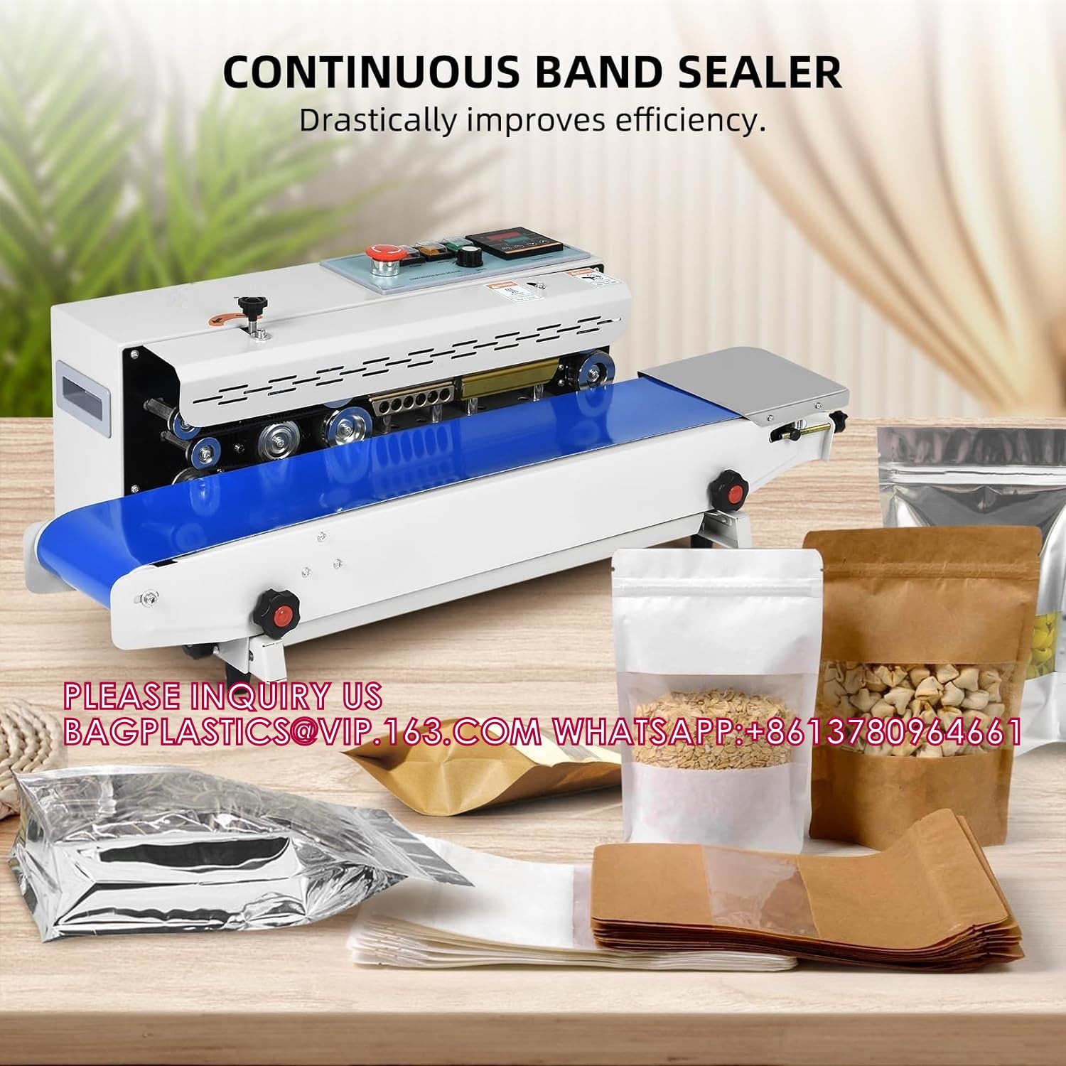 Horizontal Continuous Band Sealer, Automatic Bag Heat Sealer W/Printing Wheels, Commercial Bag Sealing Machine