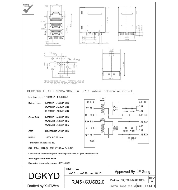 CAT 5e Magnetic RJ45 Jack With Dual Deck USB A Type Combo 2X1 RJ45 + 2 USB