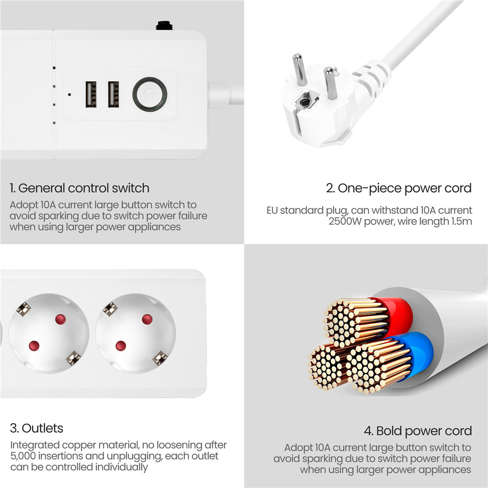 For Tuya Smart Life App Controlled Protector Eu Standard Smart Wifi Power Strip 16A With Power Consumption