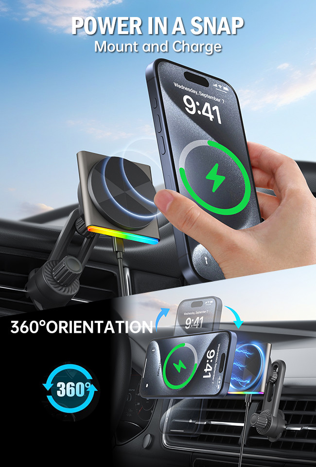 Iphone Wireless Charger QI2 Ultra-Thin Design Pickup Lamp Metal Super Strong Magnetic Suction 360-Degree Rotation Fast Charging