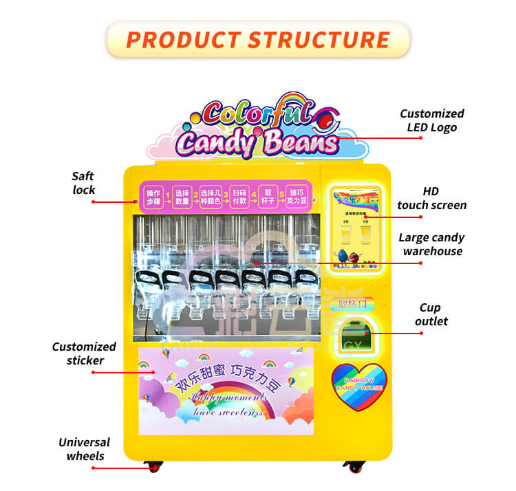 Yellow Auto Sugar Candy Dispenser Vending Machine For Candy Business