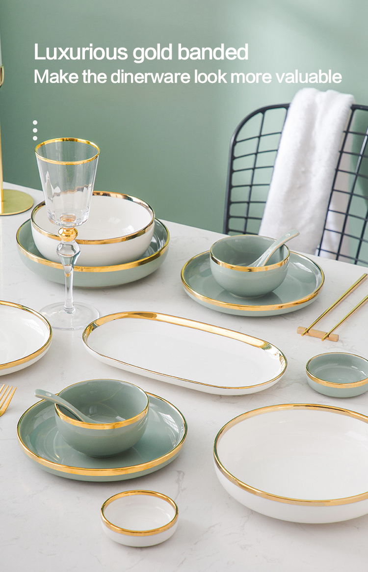 Nordic Luxury Style Ceramic Tableware Set Emerald Green With Gold Rim