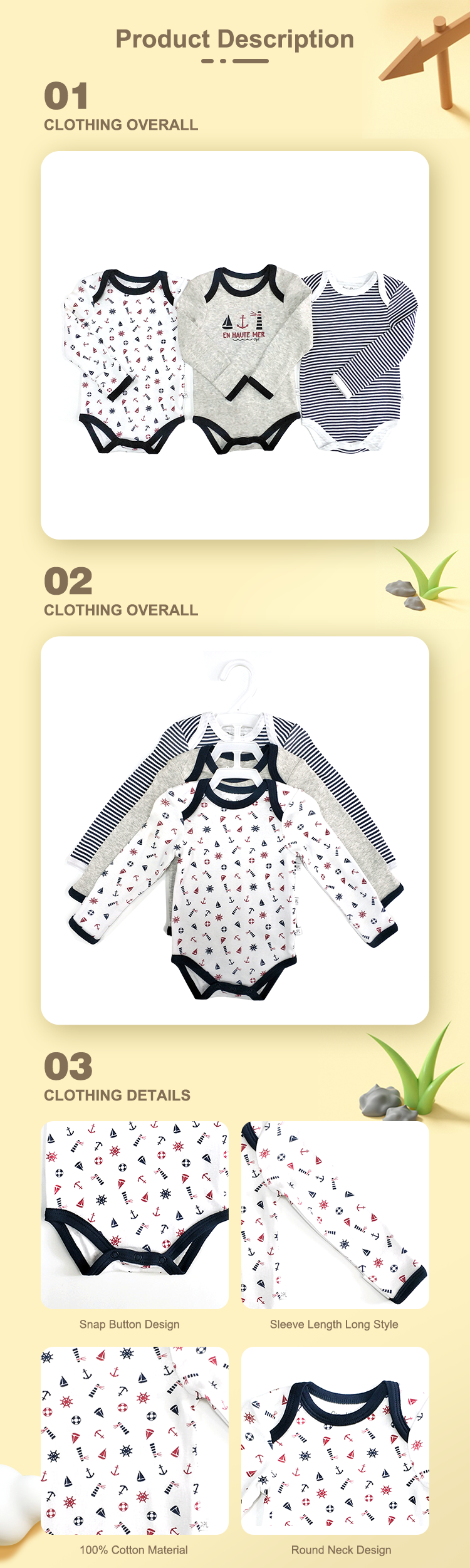 Unisex Snap Button Closure Organic Cotton Infants Long Sleeve Bodysuit Baby Clothes Romper