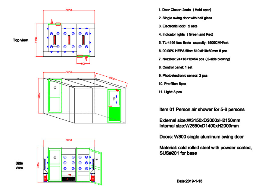 L Type Corner Air Shower With Aluminum Swing Doors For 5-6 Persons Class 1000 Clean Room In Indonesia
