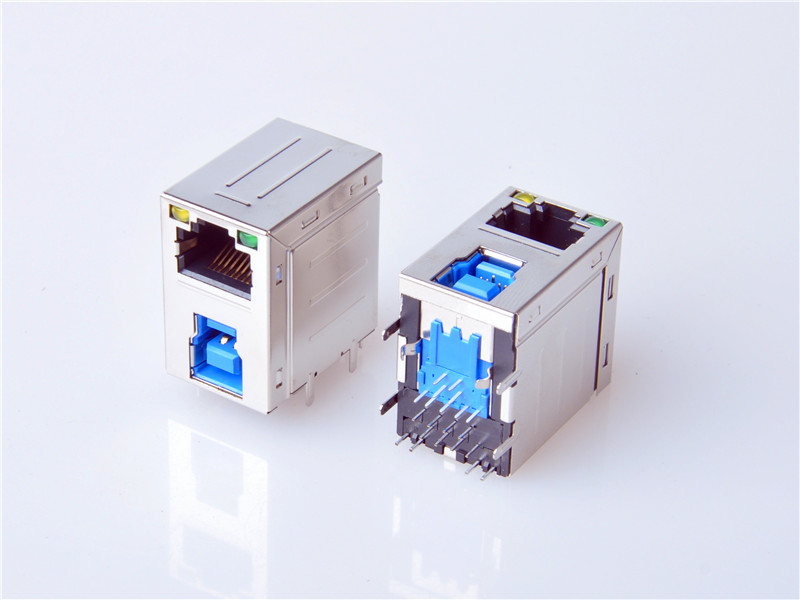 HULYN,RJ45 Modular Jack Connector, Shielded RJ45 + USB3.0 Connector, Through Hole Type, LED