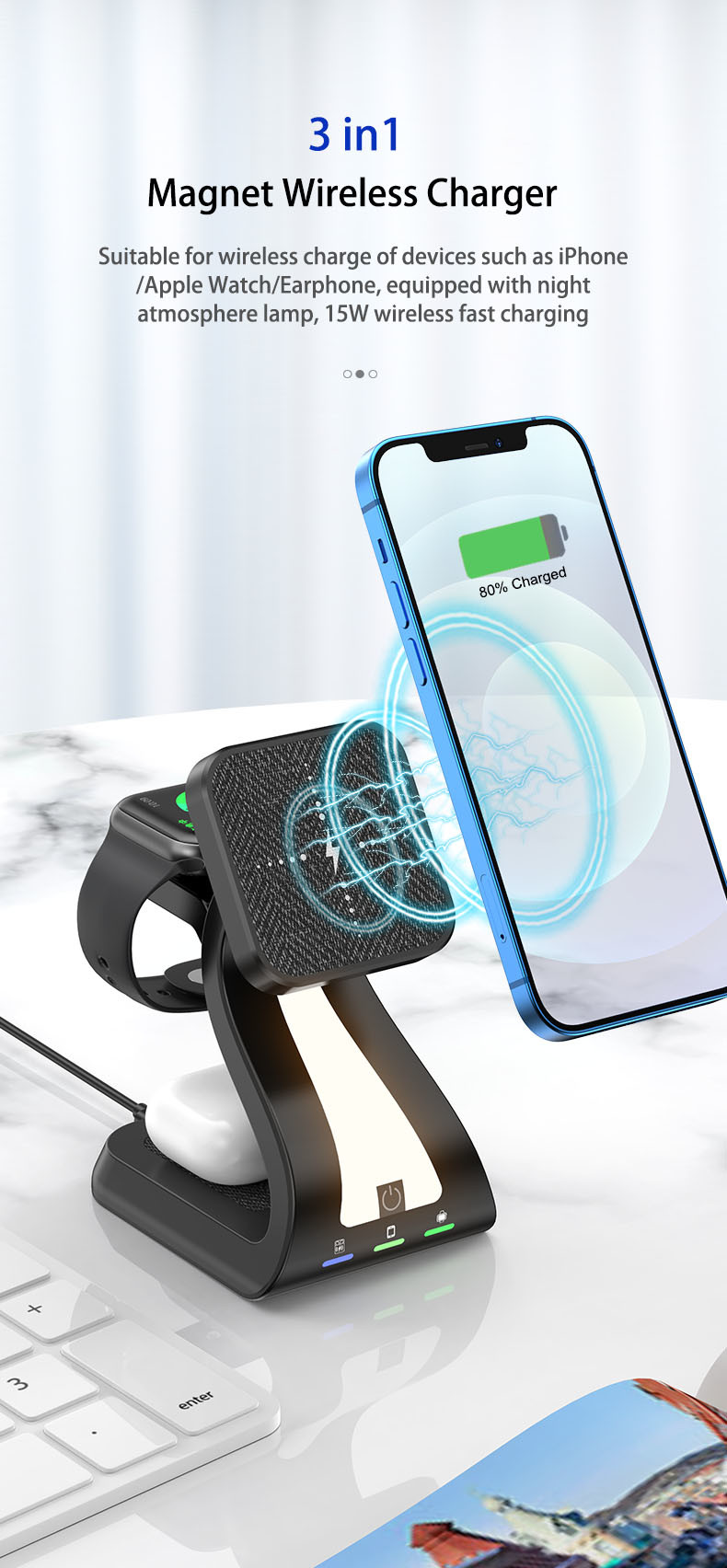 Magnetic Wireless 4 In 1 Phone Charger Customizable With LED Night Light